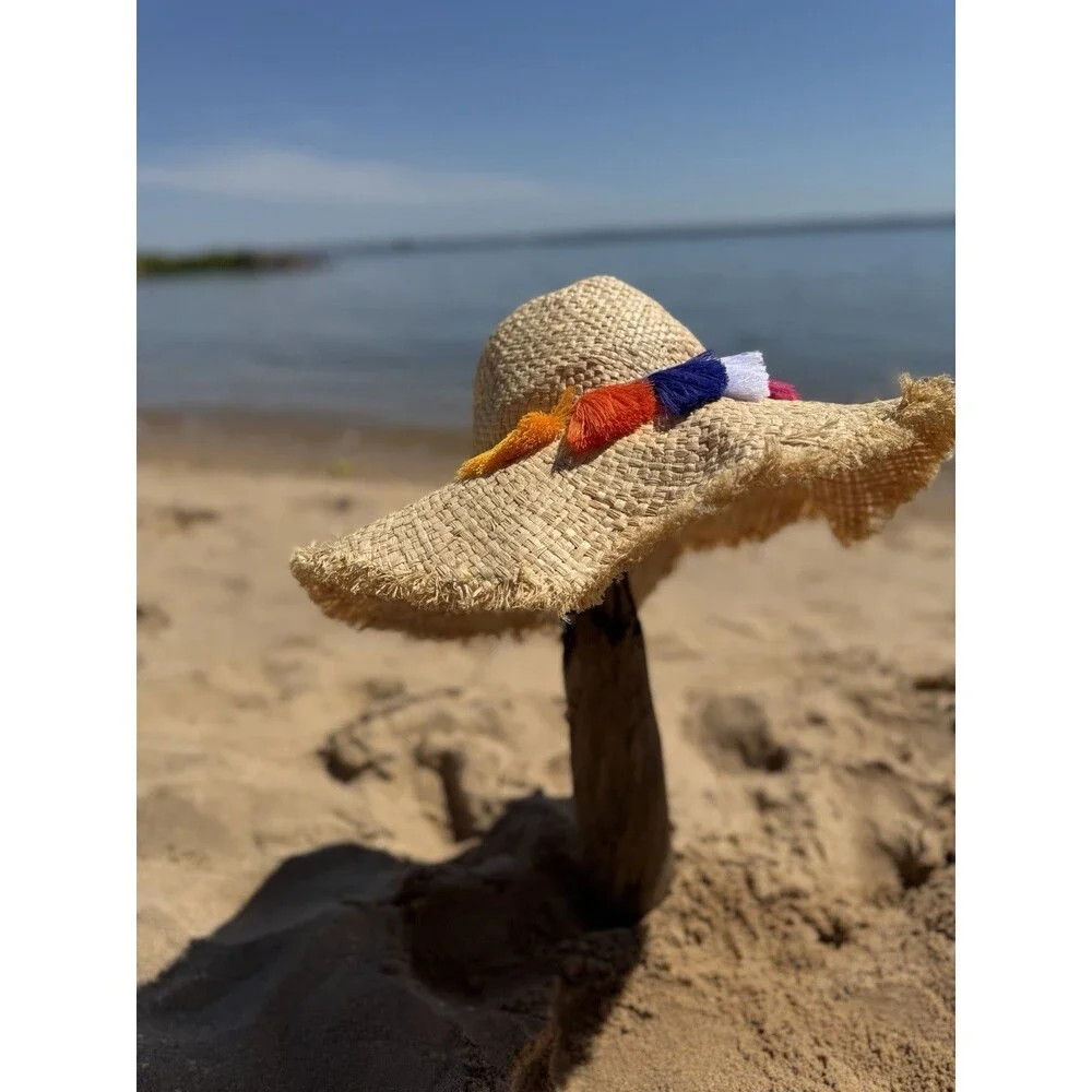 EUC Kate Spade Raffia Wide Brim Hat Tassels Colorful Straw Resort Cruise Beach